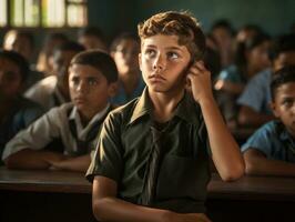 photo of emotional dynamic pose Brasilian kid in school AI Generative