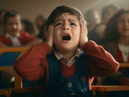 photo of emotional dynamic pose Brasilian kid in school AI Generative