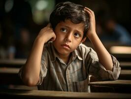 photo of emotional dynamic pose Brasilian kid in school AI Generative