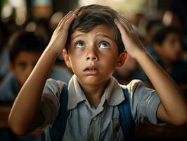 photo of emotional dynamic pose Brasilian kid in school AI Generative