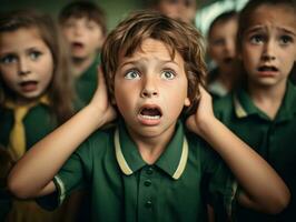 photo of emotional dynamic pose Brasilian kid in school AI Generative