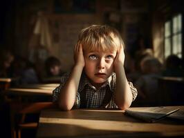 photo of emotional dynamic pose Brasilian kid in school AI Generative