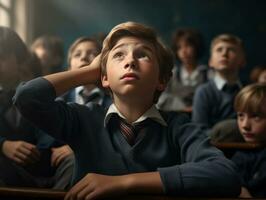 photo of emotional dynamic pose European kid in school AI Generative