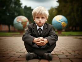 foto de emocional dinámica actitud europeo niño en colegio ai generativo