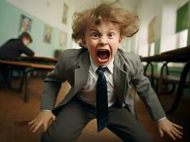 foto de emocional dinámica actitud europeo niño en colegio ai generativo