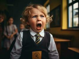 foto de emocional dinámica actitud europeo niño en colegio ai generativo