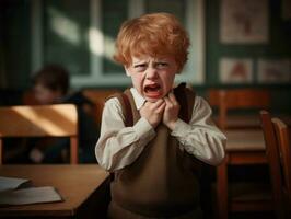 foto de emocional dinámica actitud europeo niño en colegio ai generativo