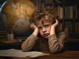 foto de emocional dinámica actitud europeo niño en colegio ai generativo