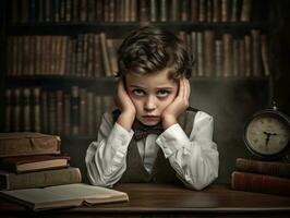 photo of emotional dynamic pose European kid in school AI Generative