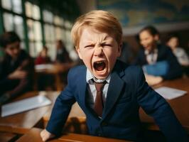 photo of emotional dynamic pose European kid in school AI Generative