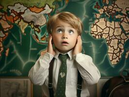 foto de emocional dinámica actitud europeo niño en colegio ai generativo