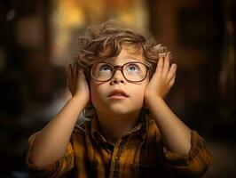 photo of emotional dynamic pose European kid in school AI Generative