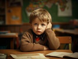 foto de emocional dinámica actitud europeo niño en colegio ai generativo