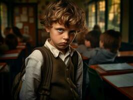 foto de emocional dinámica actitud europeo niño en colegio ai generativo