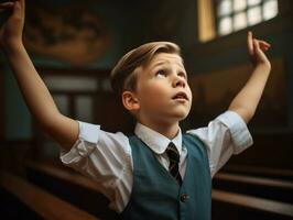 foto de emocional dinámica actitud europeo niño en colegio ai generativo