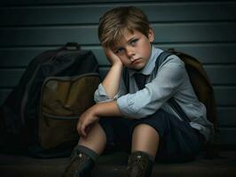 photo of emotional dynamic pose European kid in school AI Generative