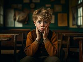 foto de emocional dinámica actitud europeo niño en colegio ai generativo