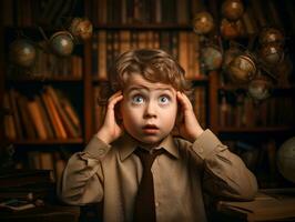 foto de emocional dinámica actitud europeo niño en colegio ai generativo