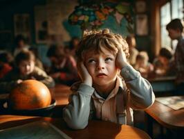 foto de emocional dinámica actitud europeo niño en colegio ai generativo