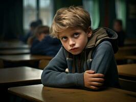 foto de emocional dinámica actitud europeo niño en colegio ai generativo