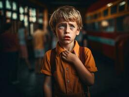 foto de emocional dinámica actitud europeo niño en colegio ai generativo