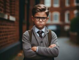 foto de emocional dinámica actitud europeo niño en colegio ai generativo