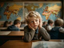 photo of emotional dynamic pose European kid in school AI Generative