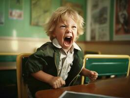 photo of emotional dynamic pose European kid in school AI Generative