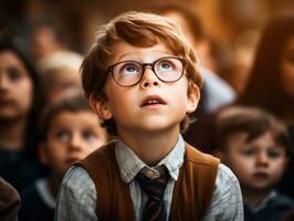 foto de emocional dinámica actitud europeo niño en colegio ai generativo