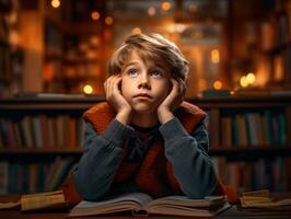 foto de emocional dinámica actitud europeo niño en colegio ai generativo