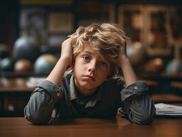 foto de emocional dinámica actitud europeo niño en colegio ai generativo