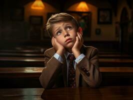 photo of emotional dynamic pose European kid in school AI Generative