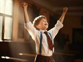 foto de emocional dinámica actitud europeo niño en colegio ai generativo