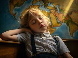 foto de emocional dinámica actitud europeo niño en colegio ai generativo