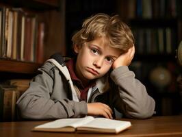 photo of emotional dynamic pose European kid in school AI Generative