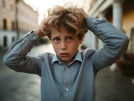 foto de emocional dinámica actitud europeo niño en colegio ai generativo