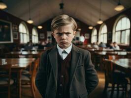 foto de emocional dinámica actitud europeo niño en colegio ai generativo