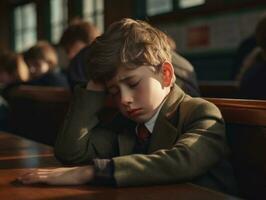 photo of emotional dynamic pose European kid in school AI Generative