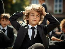 photo of emotional dynamic pose European kid in school AI Generative