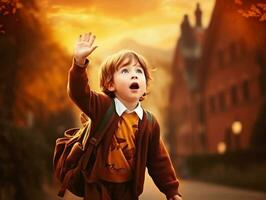 photo of emotional dynamic pose European kid in school AI Generative