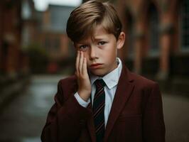 foto de emocional dinámica actitud europeo niño en colegio ai generativo