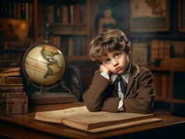 photo of emotional dynamic pose European kid in school AI Generative