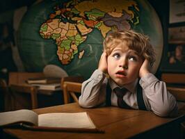 foto de emocional dinámica actitud europeo niño en colegio ai generativo