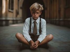 photo of emotional dynamic pose European kid in school AI Generative