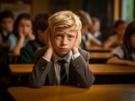 photo of emotional dynamic pose European kid in school AI Generative