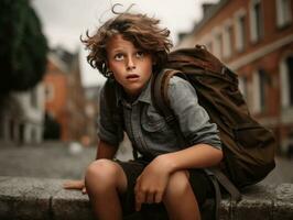 photo of emotional dynamic pose European kid in school AI Generative