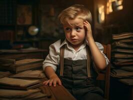 foto de emocional dinámica actitud europeo niño en colegio ai generativo