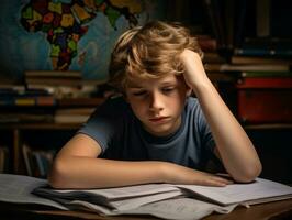 foto de emocional dinámica actitud europeo niño en colegio ai generativo