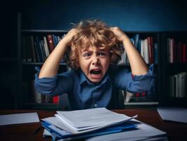 photo of emotional dynamic pose European kid in school AI Generative