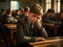 photo of emotional dynamic pose European kid in school AI Generative